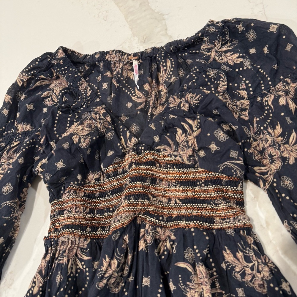 Free People Golden Hour Smocked Bodice Cotton Maxi Dress Women’s XS Black/Beige - Picture 8 of 15